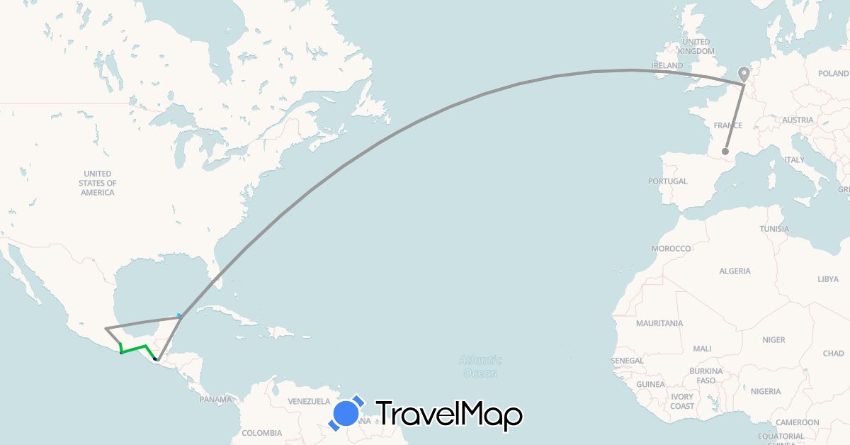 TravelMap itinerary: driving, bus, plane, boat in Belgium, France, Guatemala, Mexico (Europe, North America)